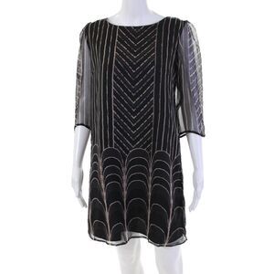 TJ Collection Womens Silk Striped Printed 3/4 Sleeve Sheath Dress Black Size XS